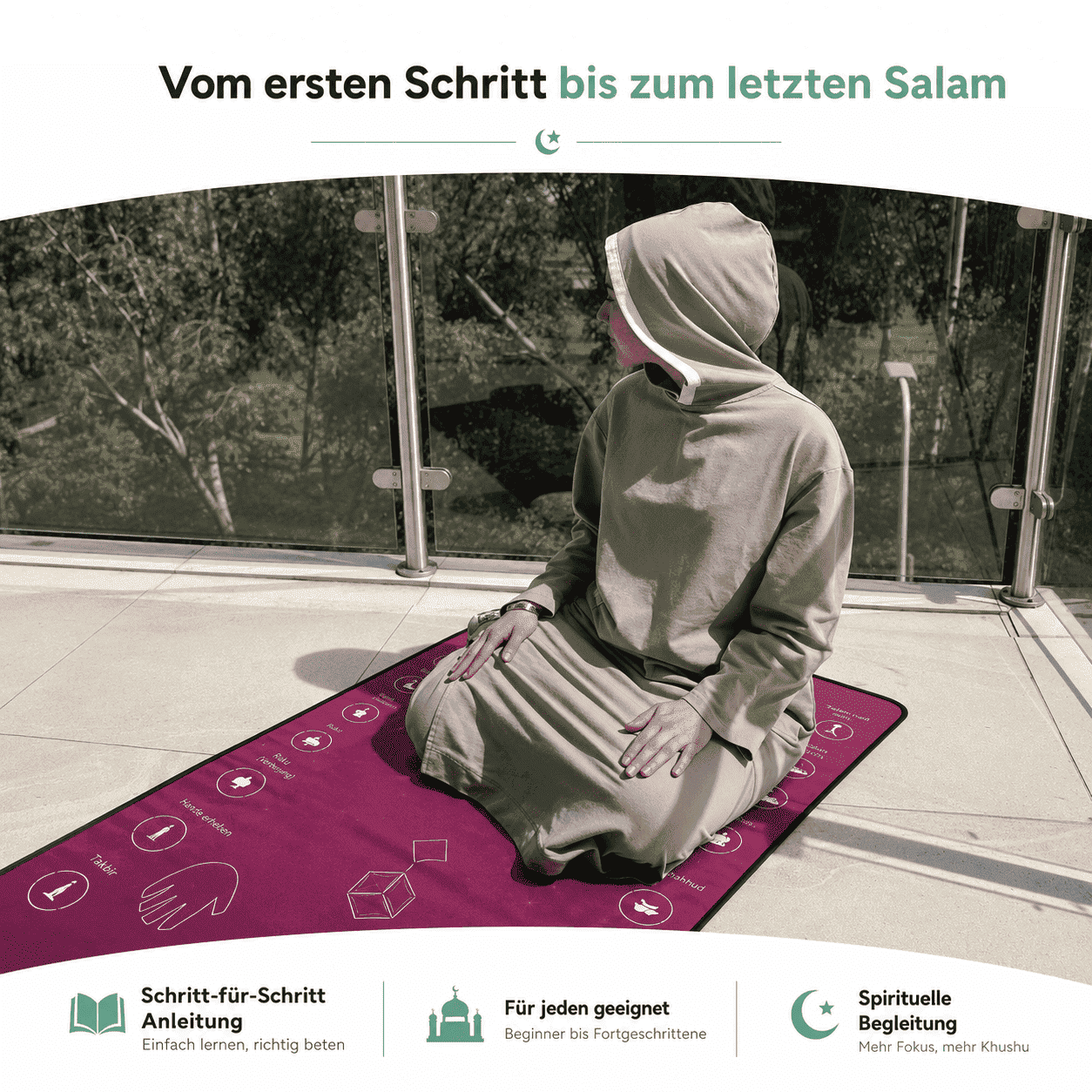 Gebetsmatte – Salah Schritt für Schritt lernen mit Audio in 10 Sprachen